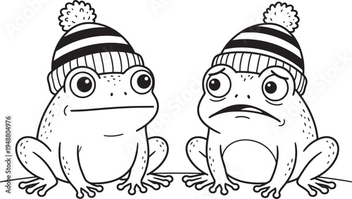 Cute, cartoon, frogs, characters, winter, beanie, hats, funny, amphibian, mascot, animal, vector, illustration, playful, kids, coloring