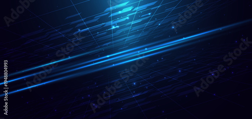 Futuristic blue light speed lines digital grid background.