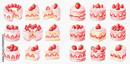 Watercolor collection of strawberry cakes and slices, sweet desserts with fresh fruit and cream frosting.
