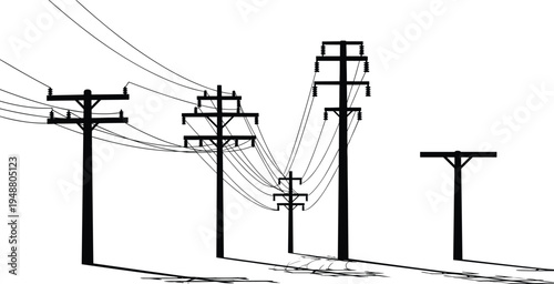 Utility poles silhouettes, electrical power lines, transformers, insulators, energy distribution system, infrastructure design, electricity transmission, vector illustration, industrial silhouette
