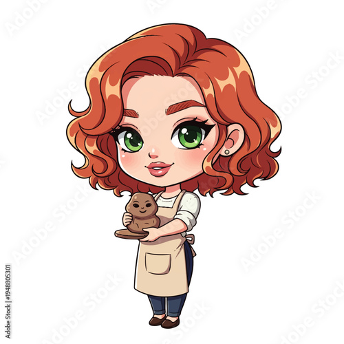 Cute chibi potter girl holding clay sculpture isolated on white background