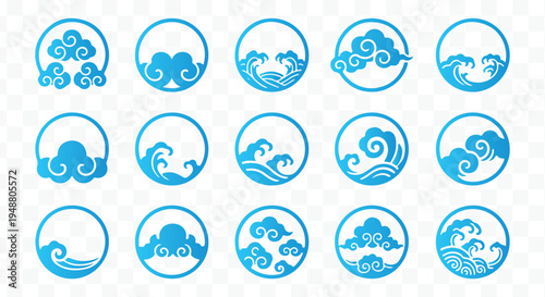 Traditional Asian Waves and Clouds Vector Icon Set Japanese and Chinese Nature Elements