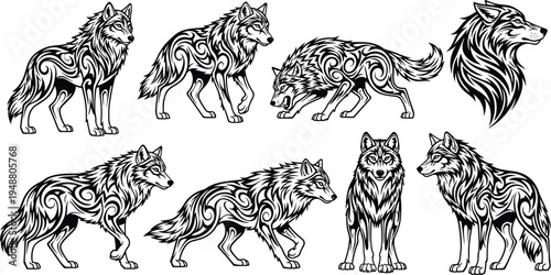 Wolf tribal silhouette illustration, ornamental animal artwork, wild predator design concept, black and white decorative vector template set