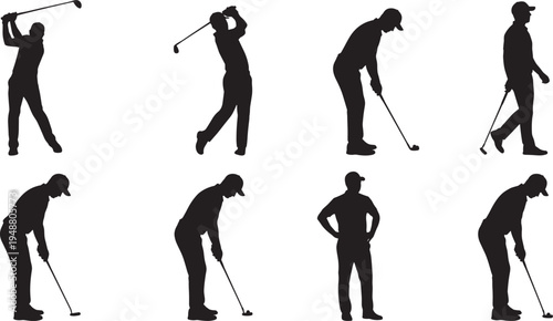 Golf, players, silhouettes, golfer, swinging, putting, sports, athlete, competition, outdoor, vector, icons, set, black, collection, isolated