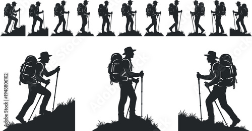 Hiking backpacker silhouettes set, trekking traveler walking with backpack and poles outdoor adventure vector collection