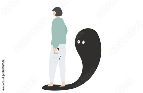 背後に忍び寄る不気味な影と立ち止まった女性のイラスト