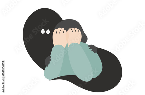 不安の影に抱きつかれ顔を手で覆う絶望した女性のイラスト