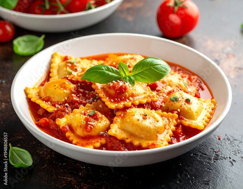 A close-up shot of ravioli in tomato sauce garnished with basil and Parmesan cheese. More tomatoes and basil sit nearby