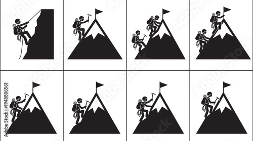 Mountain climbing silhouettes set, mountaineer reaching summit with ice axe adventure hiking vector icons