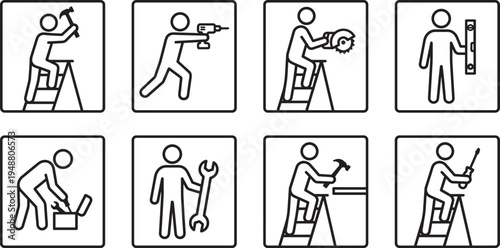 Home repair tools and handyman work icons set, DIY construction maintenance worker silhouette vector collection