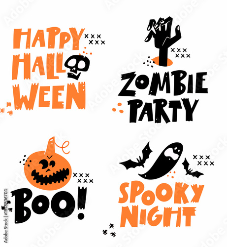 Halloween Hand-Drawn Typography Set with Spooky Illustrations.