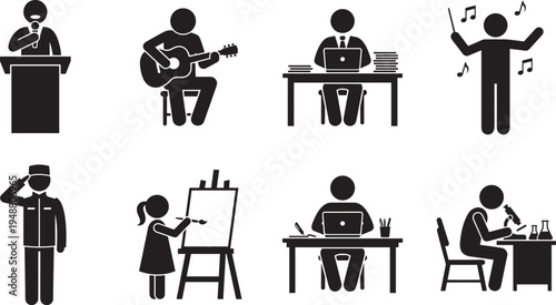People professions icons set, musician artist scientist police officer worker activities silhouette vector collection
