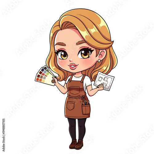 Cute chibi interior designer holding color swatches and floor plan isolated on white background