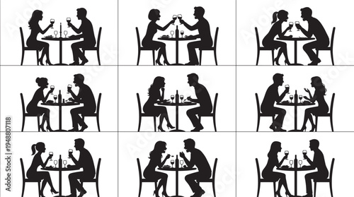 Romantic couple dinner date silhouettes set, man and woman dining restaurant love relationship vector collection