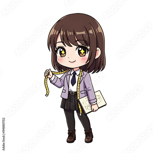 Cute chibi anime girl fashion designer with measuring tape and sketchbook isolated on white background