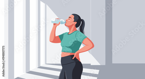 Healthy Woman Drinking Water From Bottle In Sunlight - Vector Illustration