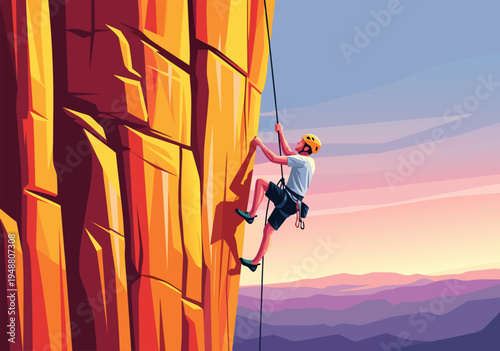 Rock climbing adventure vector illustration of a person scaling a cliff at sunset with a beautiful mountainous landscape backdrop