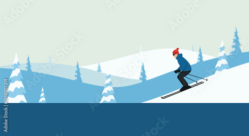 Skiing down snowy mountain slope, vibrant vector illustration for winter sports and adventure themes, captivating and dynamic design