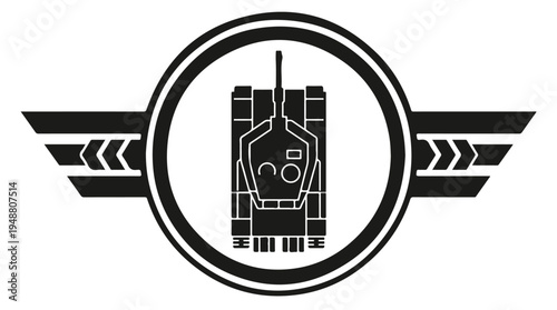Black and white robot logo.