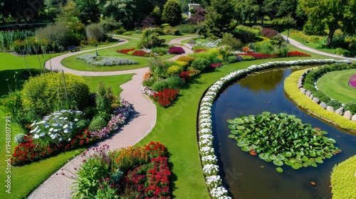 Scenic Garden Path with Vibrant Flowers and Calm Waterway Surrounded by Lush Greenery in a Beautiful Landscape