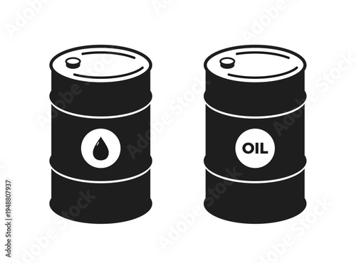 Two black oil barrel icons with droplet and oil text