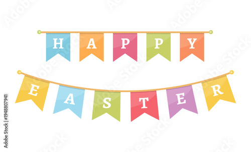 Happy Easter text on colorful bunting banner with flags on rope