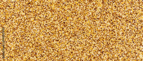 Glittering gold disco vector background. Gradient square sequin wallpaper. Iridescent mosaic banner. Halftone glowing texture. Festive party backdrop. Pixel metallic