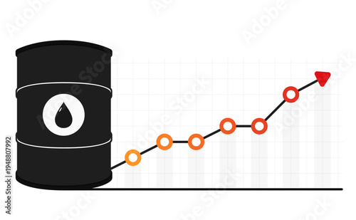Black oil barrel with a droplet symbol and an upward growth chart showing a rising price trend