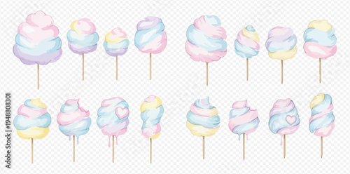 Set of colorful cotton candy on sticks, sweet sugar floss in pastel colors, delicious dessert vector illustration.