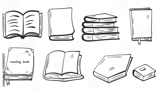 Hand Drawn Doodle Book Set Illustration with Open and Closed Reading Books