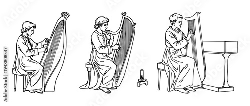 Harpsichord player set with continuous line art drawing featuring a musician, instrument, Baroque music with classical and artistic style