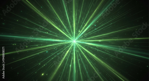 Green laser beams radiating from a central point in darkness.
