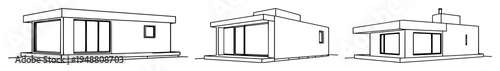 Modern modular house set with a minimalist one-line drawing featuring geometric rectangular blocks, large window frames with an architectural style and monochromatic design