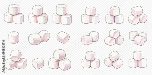 Set of cartoon marshmallows, sweet soft candies for dessert, hot chocolate or bonfire, vector illustration isolated on transparent background.