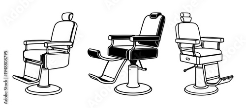 Retro barber chair icon set with geometric shapes and sharp vector edges featuring vintage design, grooming tools, hairdressing equipment with classic style and simplicity