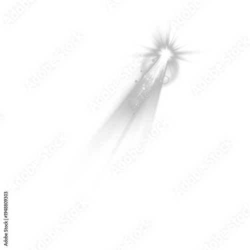 Dramatic White Spotlight Ray with Lens Flare Glow and Floating Light Particles on transparent background
