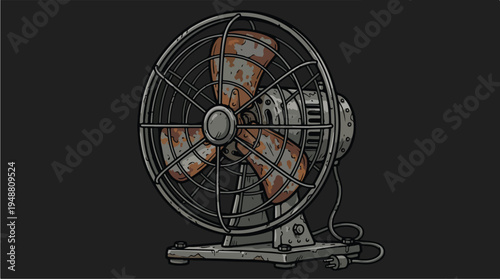 Vintage Rusty Metal Desk Fan on Dark Background.