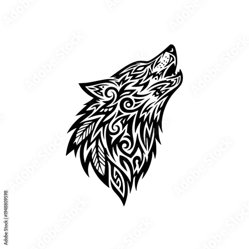 Black wolf tribal tattoo vector illustration of a wild predator head and angry beast mascot silhouette for animal wildlife art