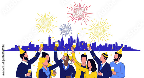 Diverse People Celebrating With Champagne Toast and Fireworks Over City Skyline