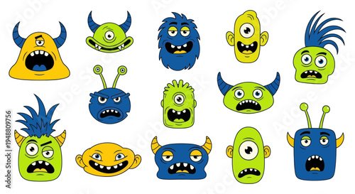 Cute Cartoon Monsters Faces Collection - Funny Characters