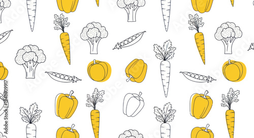 Seamless Pattern of Fresh Vegetables: Carrots, Broccoli, Peppers, Peas, Pumpkin