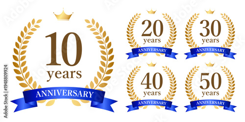 青リボン10周年アニバーサリーバッジ（月桂樹ローレル記念ロゴベクター素材）