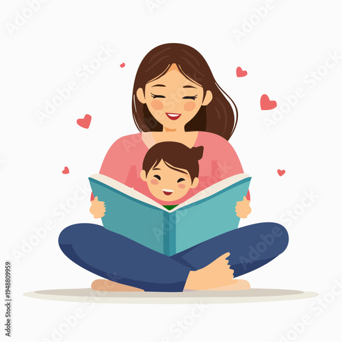 A mother reads a book with her happy child on Mother's Day