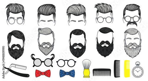 Stylish Men's Hairstyles and Beards, Vintage Accessories, Hand Drawn Illustrations