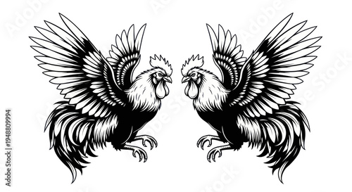 Two Fighting Roosters, Black and White, Stylized, Graphic Illustration