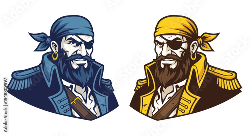 Two Pirate Captains with Eyepatch and Beard, Blue and Yellow Tones