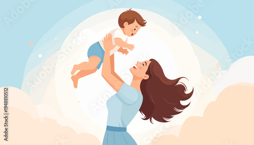 A mother happily lifts her baby in the air on a joyful day.