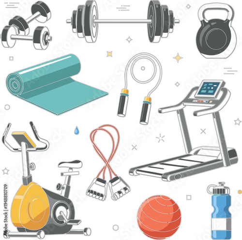 Fitness Gym Equipment Collection with Dumbbells Treadmill Exercise Bike Kettlebell Jump Rope Yoga Mat and Workout Training Icons