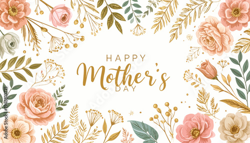 Happy Mother's Day celebration with mom and child surrounded by flowers