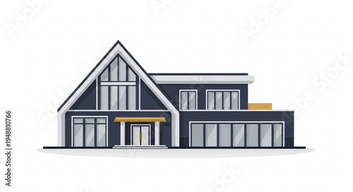 Modern two story house with dark blue exterior and white trim large windows and yellow awning over front door set against a plain white background